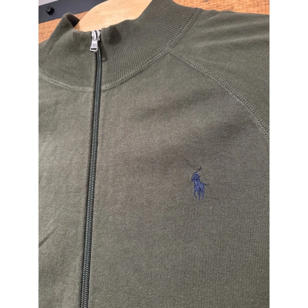 Polo Ralph Lauren Mens XXL Full‎ Zip Cotton Sweater Olive Green Mock Neck Pony